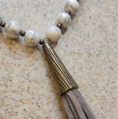 Gray Leather Tassels And Brass Pendant On Braided Beaded 32in Cord Necklace