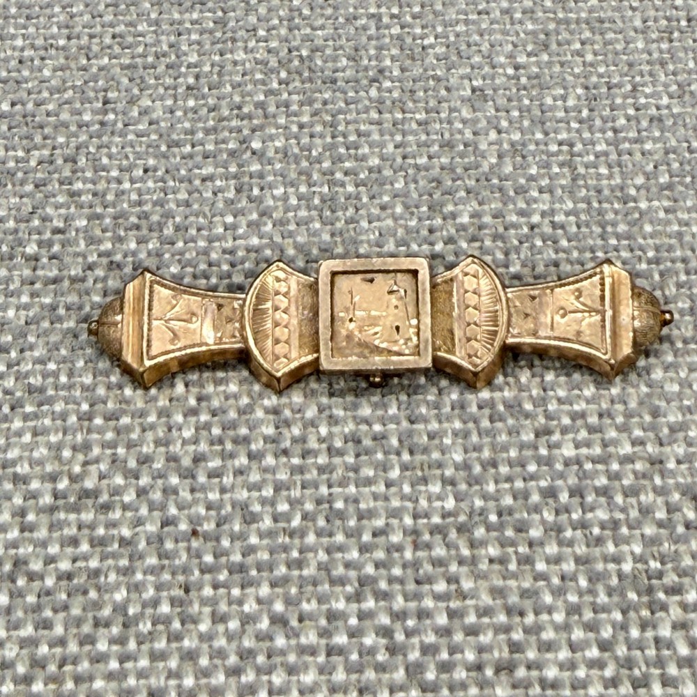 Vintage Antique Victorian Bar Brooch Etched Boat Scene Trombone Clasp 2 Inches