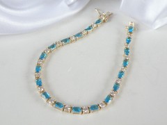 Vintage Gold on Sterling Silver 925 Teal Blue Gemstone Tennis Bracelet 8″