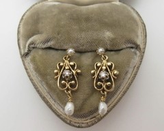 Vintage Estate 14K Gold, Diamond & Tear Drop Pearl Earrings