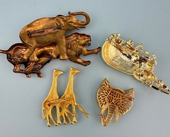 Vintage Animal Brooch Pin Lot Gold Tone Elephant Giraffe Lion Zebra Noahs Ark
