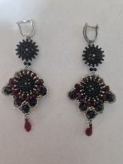 Handmade Beaded Drop Earrings Red Black Crystals Vintage Chandelier Dangle