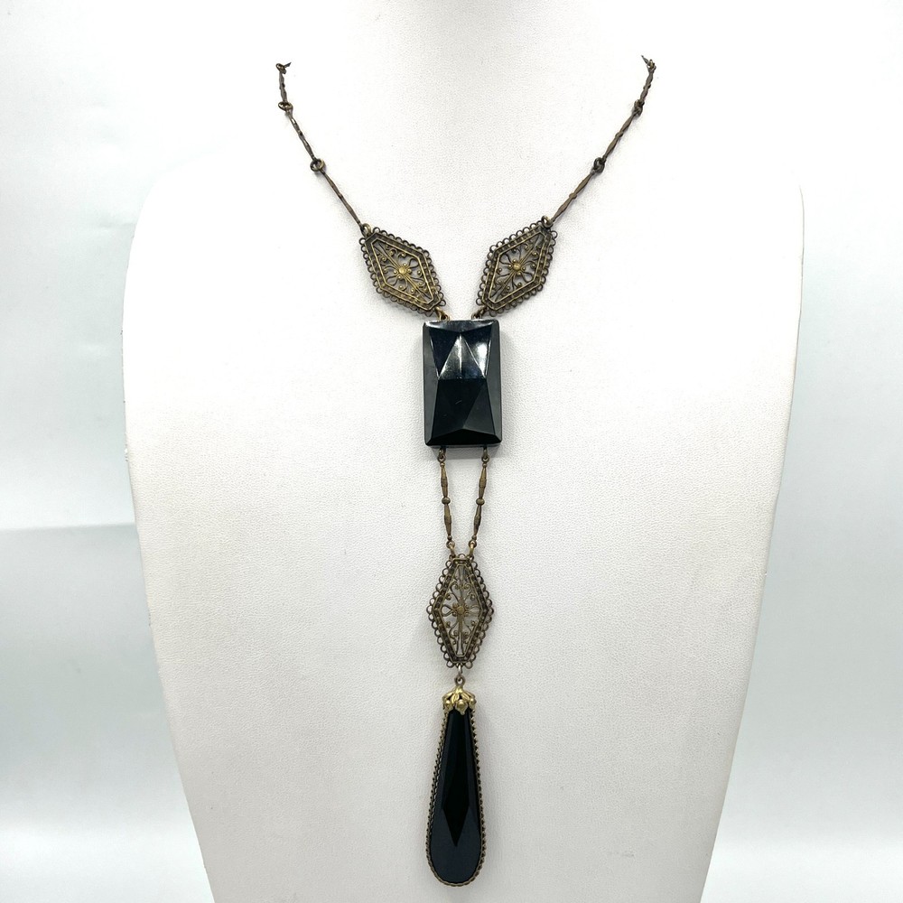 Antique 1920s Art Deco Black Filigree Drop Necklace-Elegant Flapper Lavalier