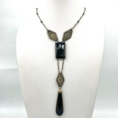 Antique 1920s Art Deco Black Filigree Drop Necklace-Elegant Flapper Lavalier