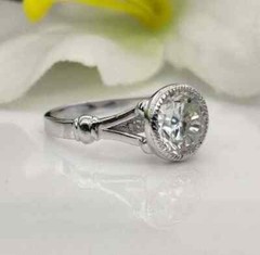 Art Deco Style Round Lab Created Diamond Engagement Bezel Ring 14K White Gold FN