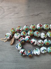 Vintage Cloisonne Chinese Enamel Blue Green Flower Beaded Necklace 23″