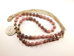 Mauve Glass Brown Acrylic Beaded Double Gold Tone Metal Chain Necklace Vintage