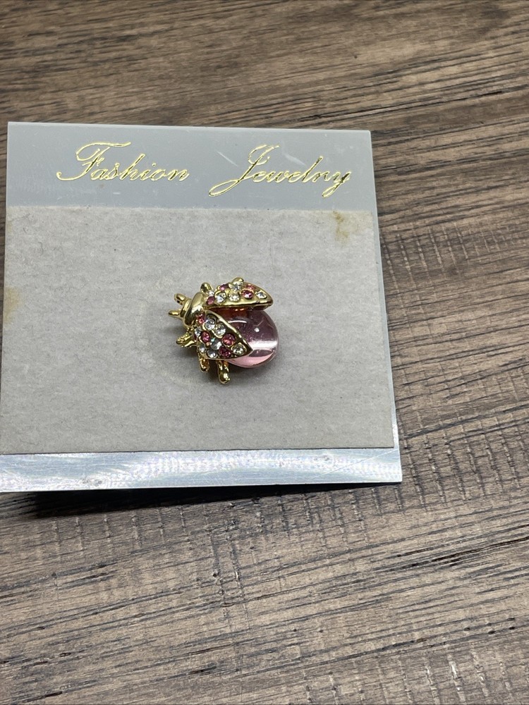 Vintage Gold Tone Pink Glass Stone Ladybug Brooch Pin Estate Find KG JD