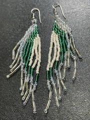 Vintage 4” Green & Blue Colorful Seed Beaded Dangle Earrings