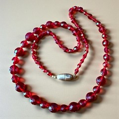 Czech Glass Bead Necklace Red Vintage Faceted Graduated Statement Long 24 Inch