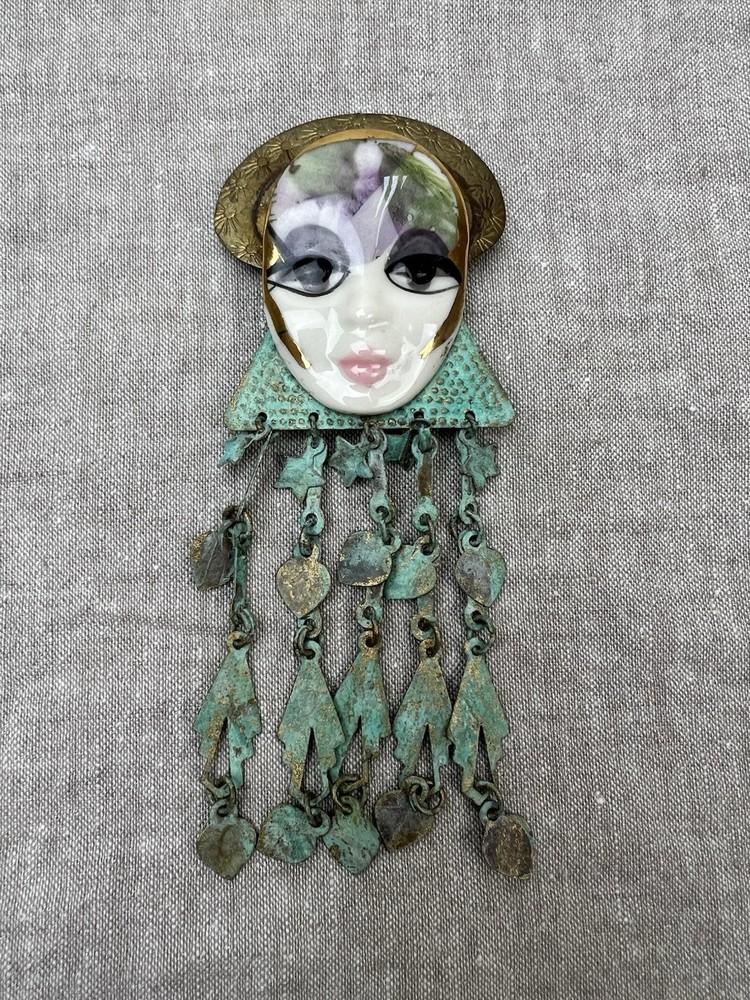 Vtg Gabriella Ceramic Face Art Brooch Verdigris Metal Dangle Fancy Lady Big Eyes