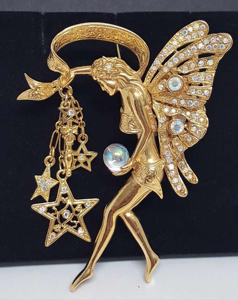 KIRK’S FOLLY Fairy Godmother Brooch Crystal Orb Large Gold Tone Wings Vtg 3-1/2″