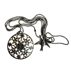 Vintage Copper Bird Necklace Floral Filigree Pendant Ball Chain Boho Statement
