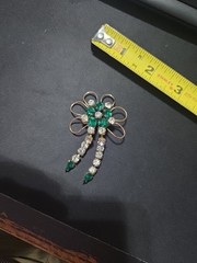 1940s Gold Toned Rhinestone Brooch Pin Pendant Green Dangle