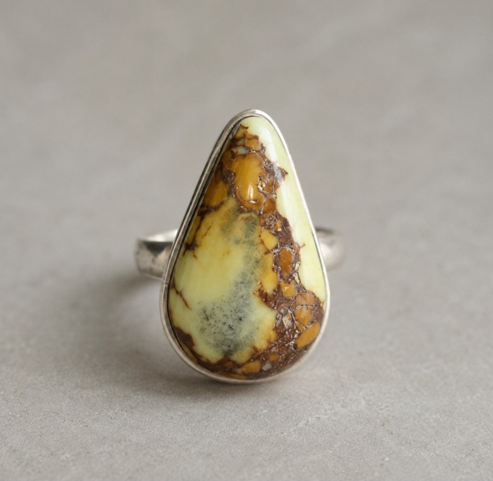 Vintage SS Yellow Variscite Statement Ring | Large Pear Cabochon | Size 8.5
