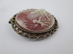 Vintage Woman & Cherub Angels Red Resin Carved Cameo Scenic Round Brooch Pin