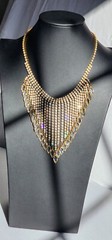 VTG Navette Bibb Necklace Gold Tone Statement AB Glass Graduated Reversible 1950