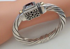 STERLING & 14KT HINGED BRACELET W, RED STONE WT. 38 GRAMS