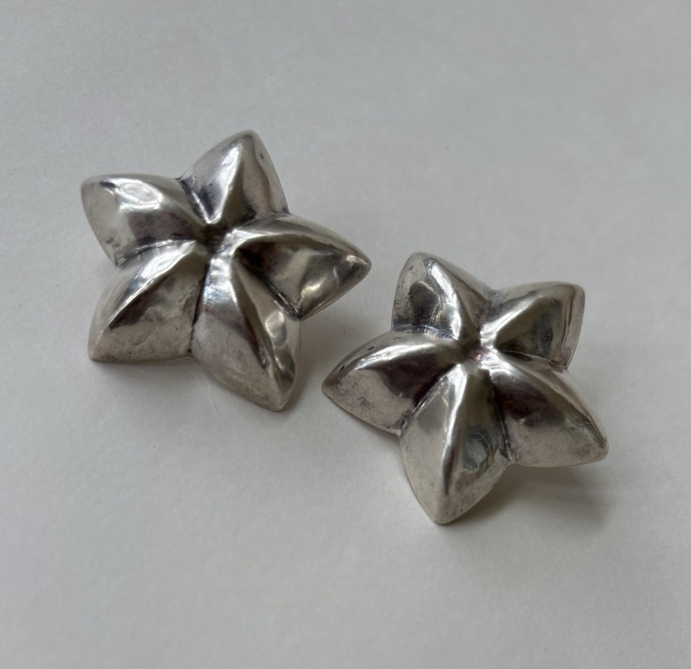Vintage Thailand Sterling Silver 925 Pierced Earrings 5 Point Stars Flower 11g
