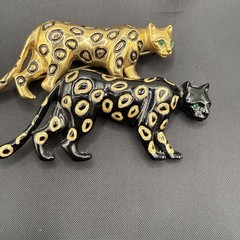 Signed Jackie Collins Double Panther Brooch Enamel Green Rhinestone Eyes Vintage