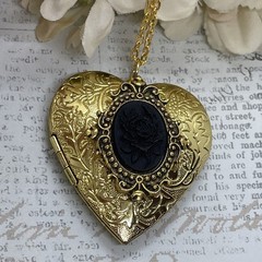 Gold Heart Locket GothIc Anniversary Wedding Witch Black Rose Cameo Necklace