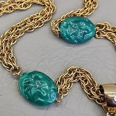 Vintage Celebrity NY Necklace Simulated Jade Green Dangles Gold Tone Layers 20″