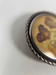 Antique Victorian Embroidered Silk Pansy Brooch Glass Dome Silver Tone Rope