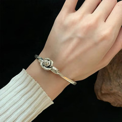 Vintage Flower Retro Rose Cuff Bangle 925 Sterling Silver Women Jewelry Bracelet