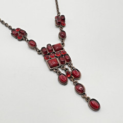 Art Deco Inspired Necklace Bronze Tone Red Lucite Dangles Adjustable 16″ – 19″