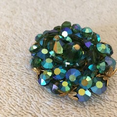 Vintage Brooch AB Crystal / Glass Beads Faceted Heavy Blues & Greens Sparkly