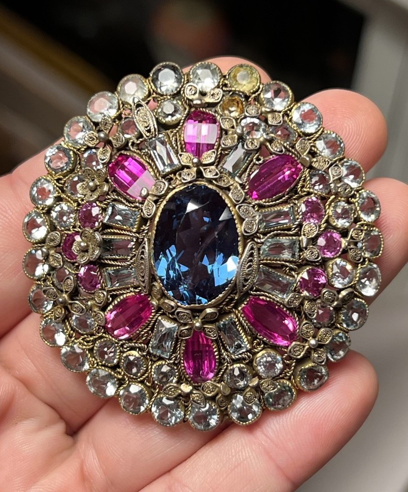 Vintage HOBE Filigree Clip Brooch Ruby Red Aqua & Clear Glass Stones