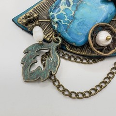 Artisan Brooch Variscite Stone & Freshwater Pearls Brass Leaf Leather Steampunk