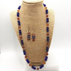 Egyptian Revival Carnelian And Blue Glass Vintage Necklace And Earrings Set