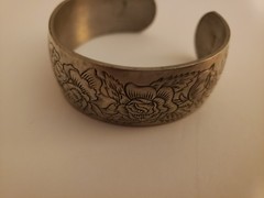 VINTAGE Kirk Stieff Pewter Etched Cuff Bracelet Rose 900-6 June, 6.25in