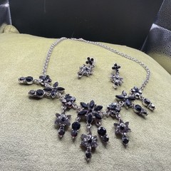 Vintage Style Black Rhinestone Choker Necklace Earrings Set Floral Prom Goth