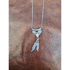 Vintage Sterling Silver Mother of Pearl Feather Pendant Necklace 925 Chain