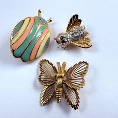 VTG Lot of 3 Pins Enameled Lady Bug Rhinestone Bee & Monet Butterfly Gold Tone