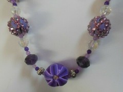 Vintage Purple Floral Glass/Plastic/Metal Bead Toggle Necklace