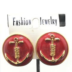 Vintage Fashion Jewlery Red Enamel & Gold Anchor Clip Earring