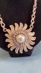 TAXCO MEXICO LPV VTG STERLING SUNFLOWER MABE PEARL BOLD STATEMENT NECKLACE 123g