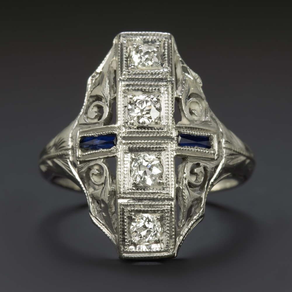VINTAGE DIAMOND SAPPHIRE COCKTAIL RING BELAIS ART DECO 18k WHITE GOLD FILIGREE