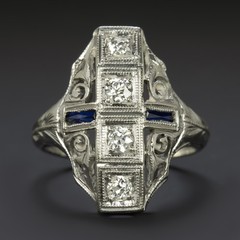 VINTAGE DIAMOND SAPPHIRE COCKTAIL RING BELAIS ART DECO 18k WHITE GOLD FILIGREE