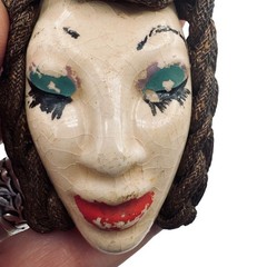 Elzac of Hollywood Victims of Fashion Ceramic Face Brooch Wood Back Vintage 1940