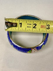 Vintage Wide Floral Blue Background Cloisonne Bangle Bracelet 3 1/8” Diameter