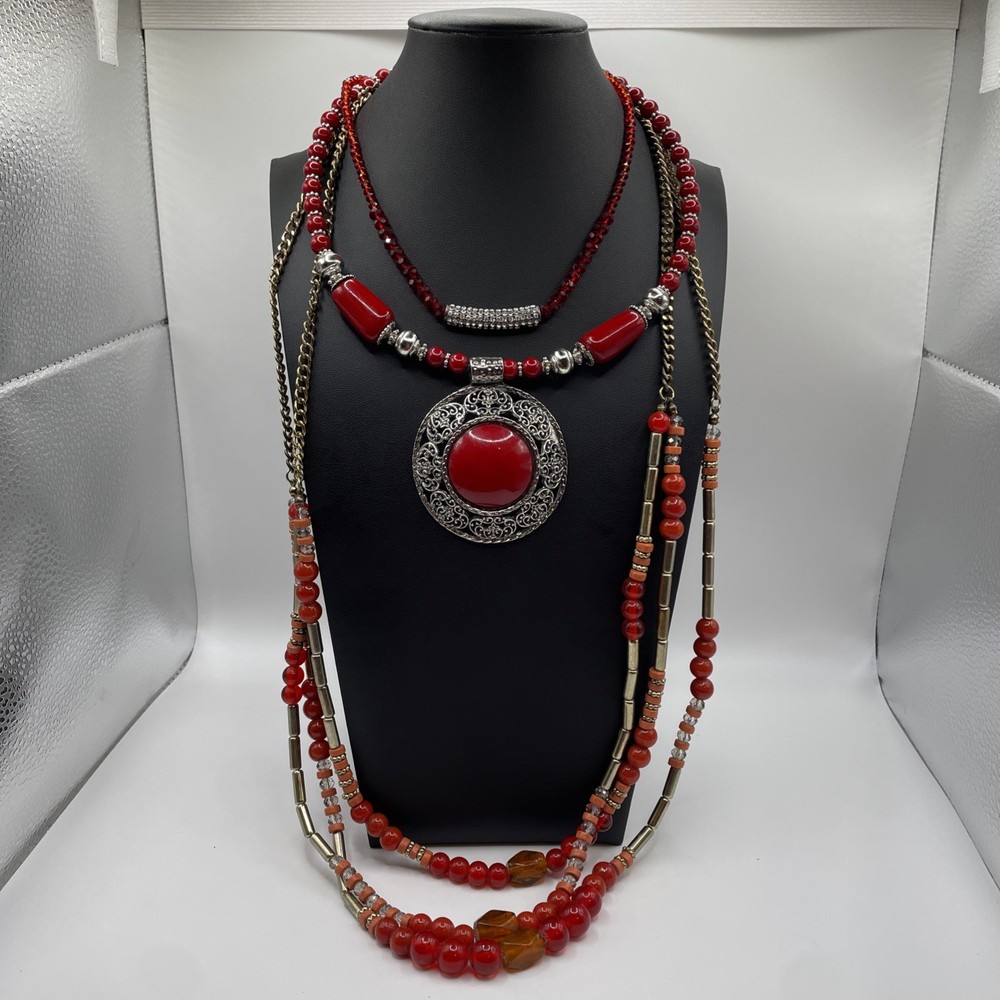 Necklace Lot Of 3 RED BOHO Eclectic, Glass, Metal, Plastic, Beads Estate