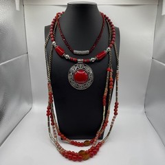 Necklace Lot Of 3 RED BOHO Eclectic, Glass, Metal, Plastic, Beads Estate