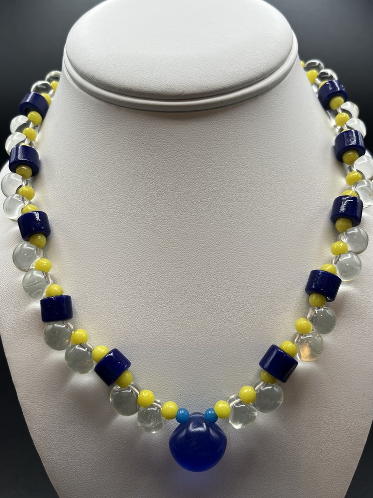 Vintage Antique Necklace Hand Knotted Clear Blue & Yellow Glass Beads #595