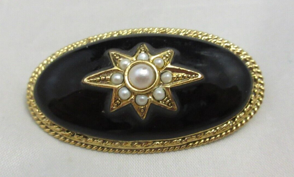 Vintage 1928 Brand Faux Seed Pearl Domed Oval Black Enamel Brooch Pin Gold Tone