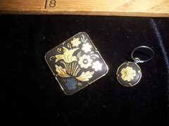 Vintage Damascene Gold Inlay Floral & Bird Motif Brooch Pin + extra Charm Spain