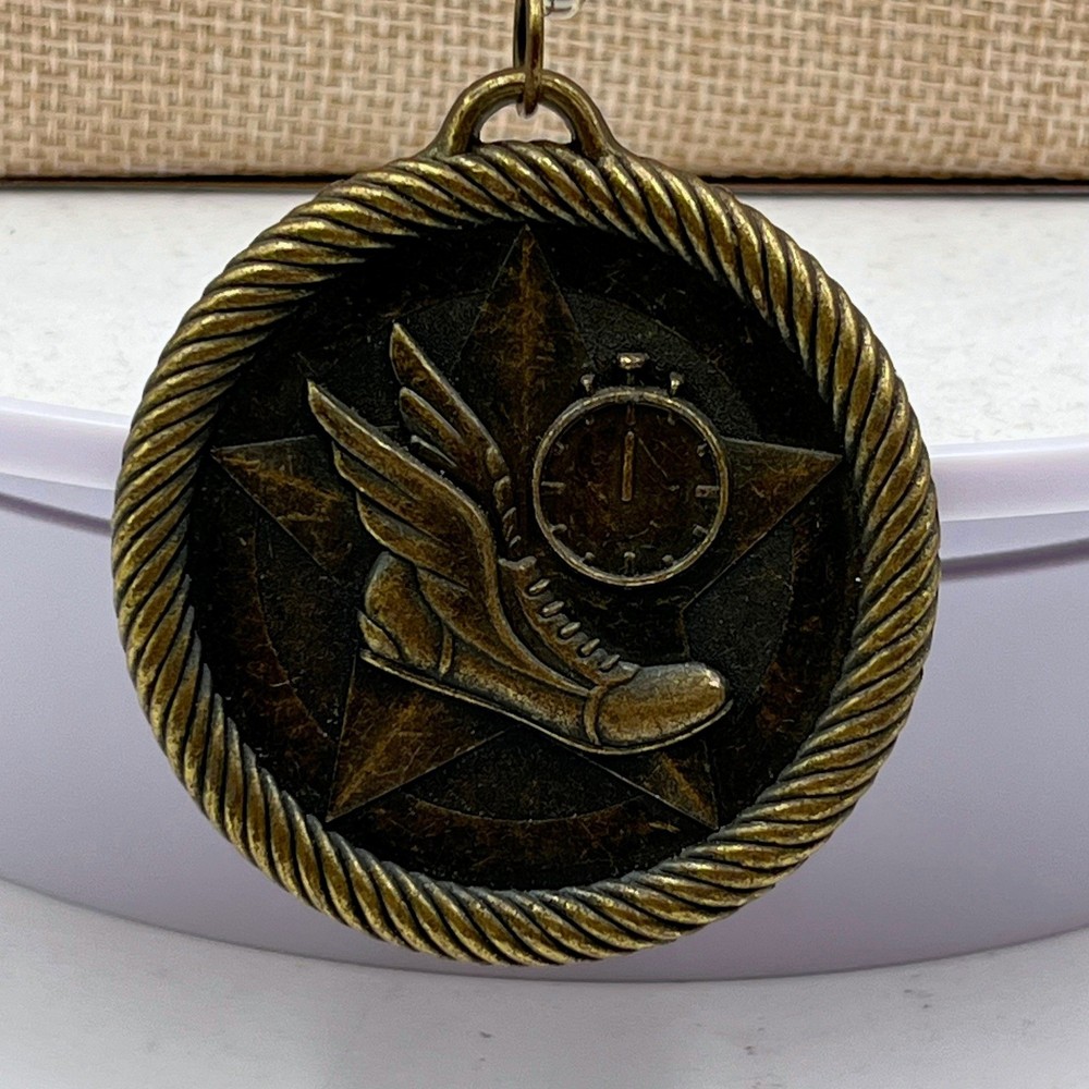 VTG Bronze Winged Foot Running Shoe Medal Pendant Necklace Track Field Jewelry